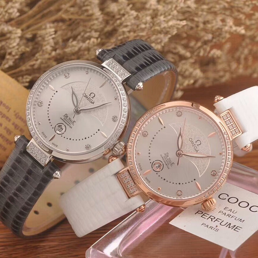 歐米茄OMEGA女款石英腕表尺寸33mm厚7mm搭載進口原裝石英機芯牛皮錶帶白色錶盤針扣